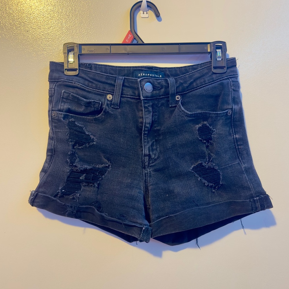 Aeropostale Women's High Rise Black Ripped Jean Shorts